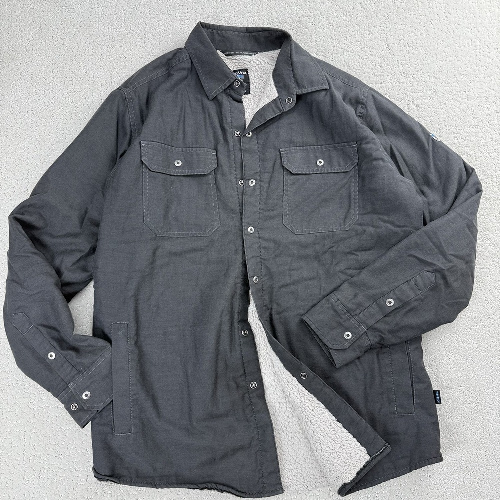 KÜHL Burr Lined Snap Jacket Mens Medium‎ Gray Canvas Sherpa Workwear $179